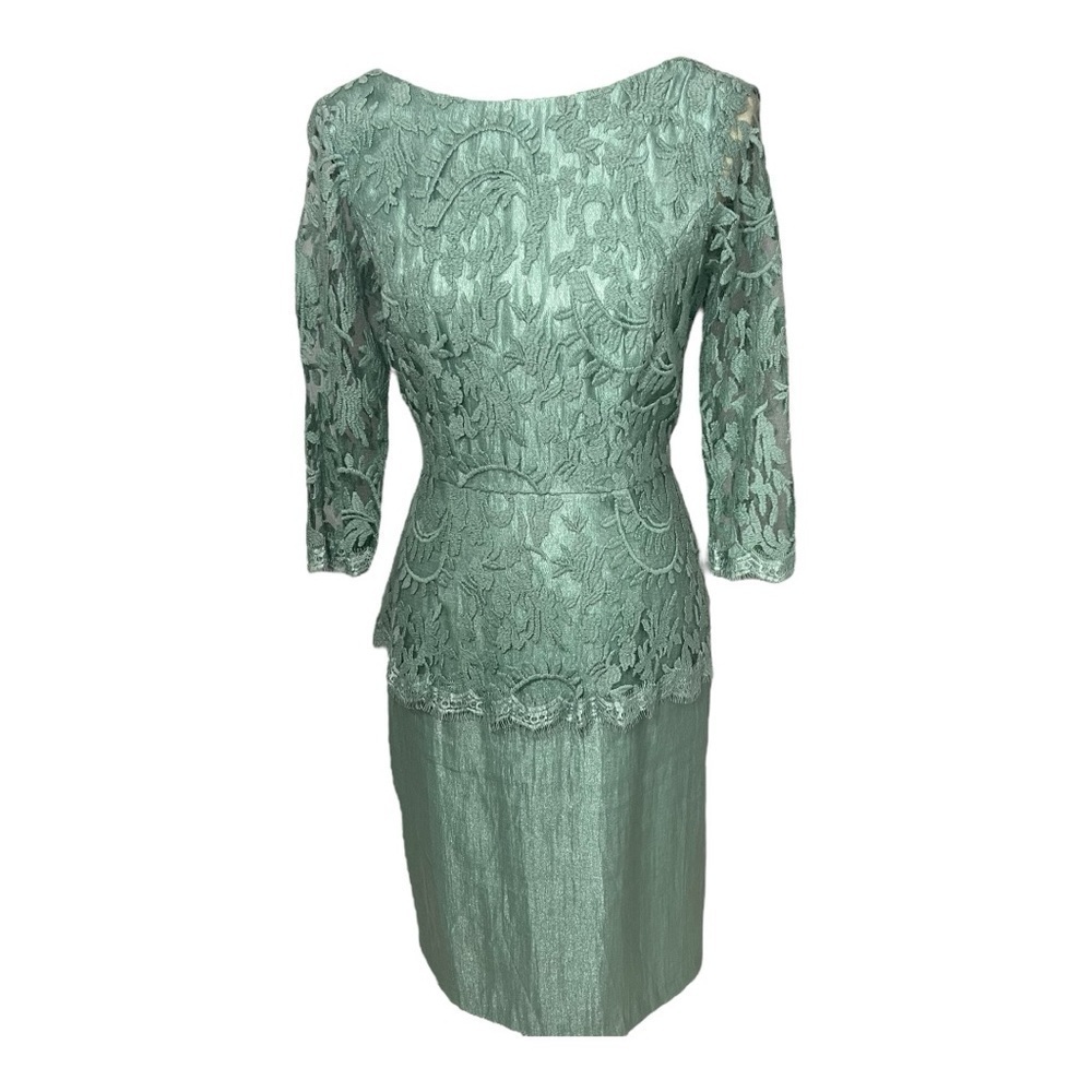 Adrianna Papell Peplum Dress Green Floral Lace Formal Wedding Guest Mermaid Sz 8